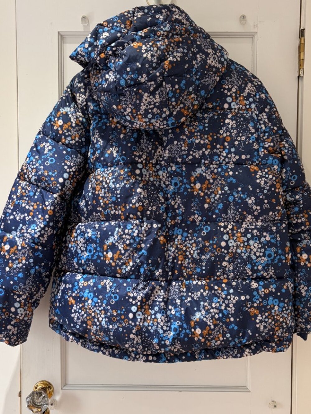 Gap Floral Upcycled Primaloft Midweight Puffer Size Large Blue Hooded - Picture 7 of 10